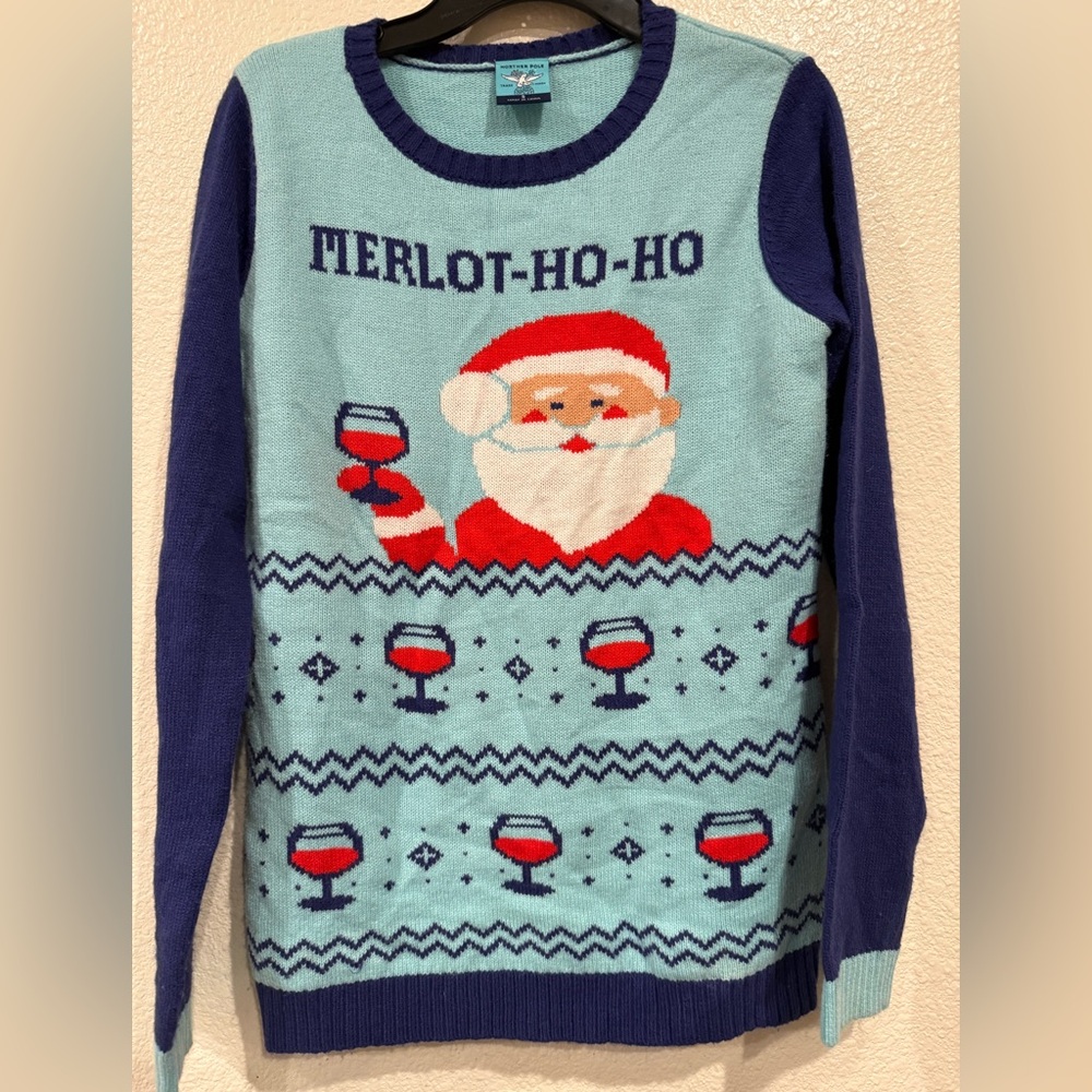 Norther Pole Merlot-Ho-Ho Drunk Santa Wine Ugly‎ Christmas Holiday Sweater